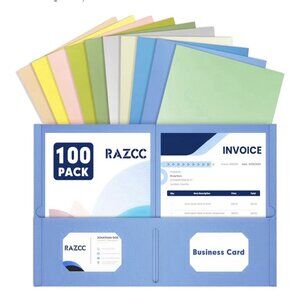 100 Ct Two Pocket Folders, RAZCC 100 Pack File Folders with Assorted 10 Colors